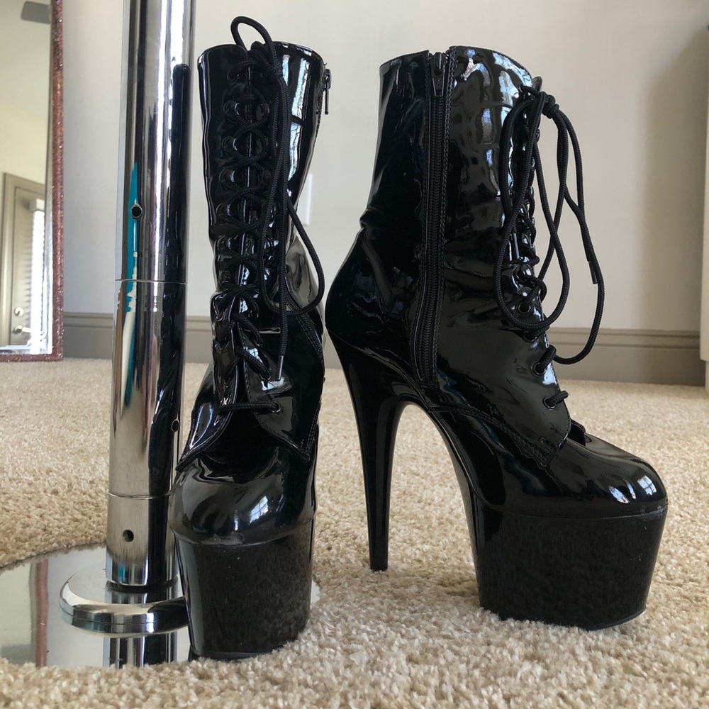 Pleaser Adore 7” Black Patent Leather Boots